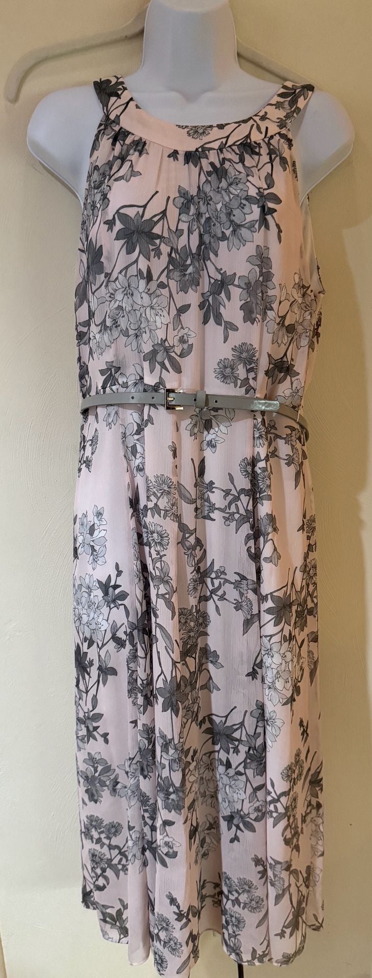Tommy Hilfiger Floral Chiffon Midi Dress Size 10 NWT Belted Pink Gray $119 2