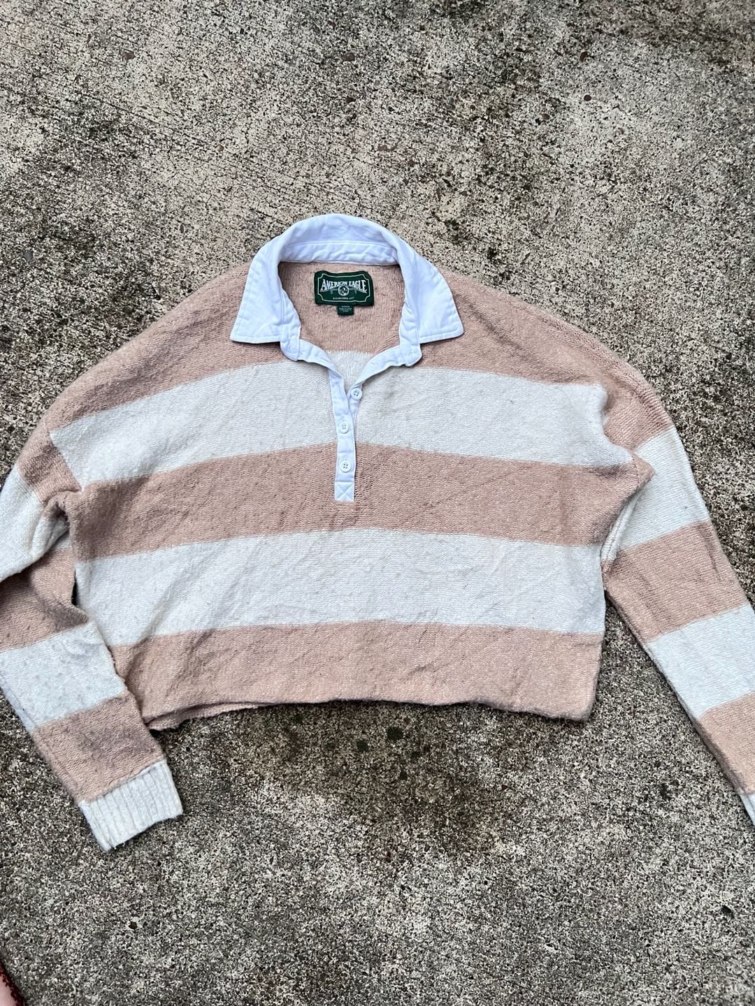 Z- American Eagle Striped Collared Sweater Size S Tan White Knit 2