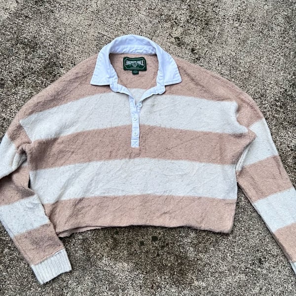 Z- American Eagle Striped Collared Sweater Size S Tan White Knit