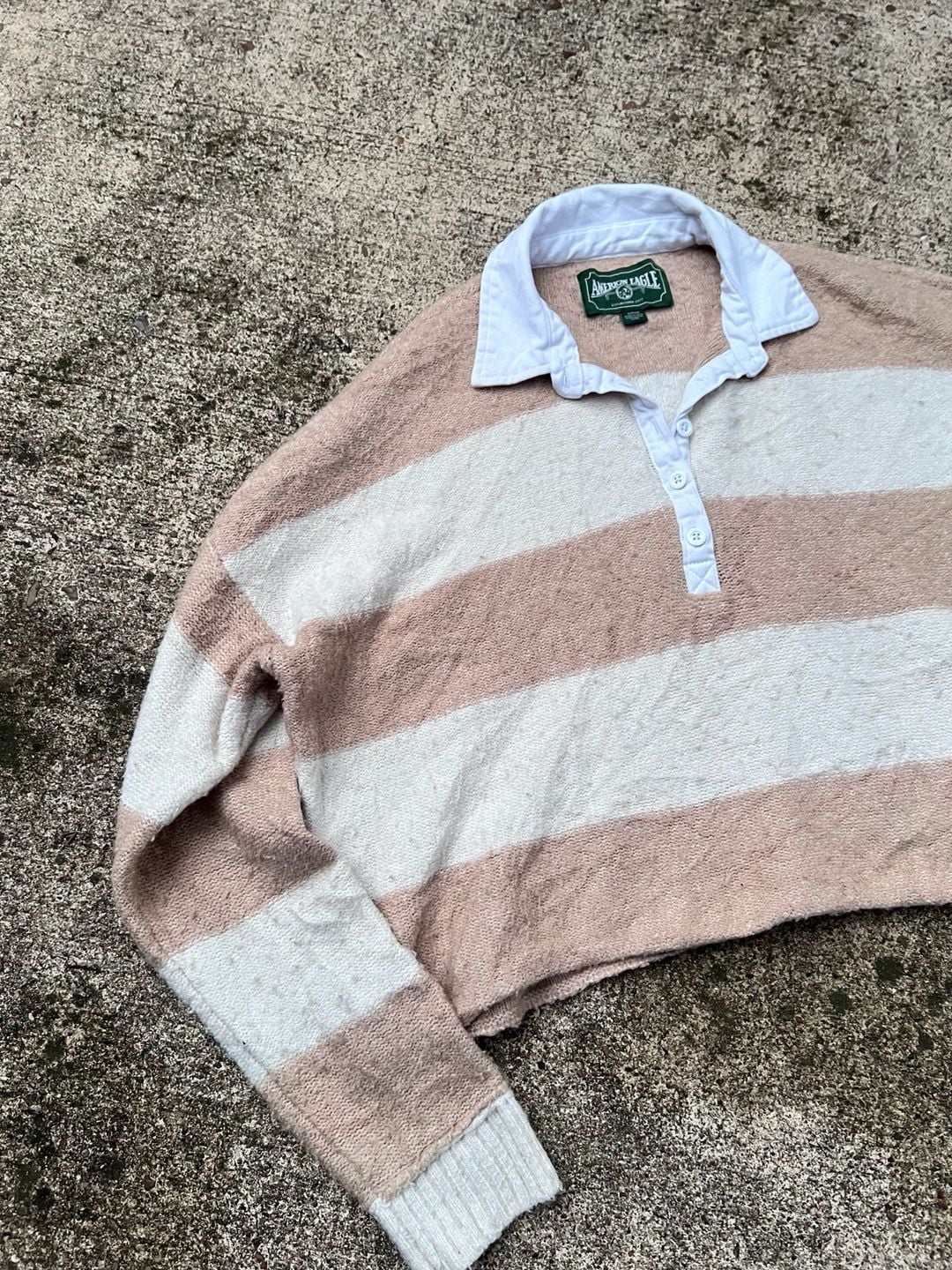 Z- American Eagle Striped Collared Sweater Size S Tan White Knit 3