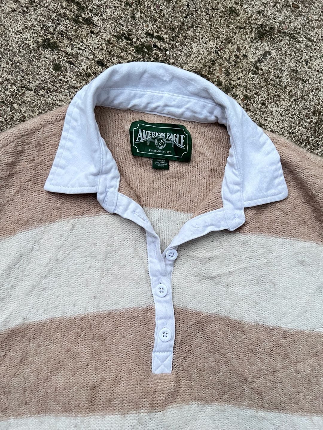 Z- American Eagle Striped Collared Sweater Size S Tan White Knit 4