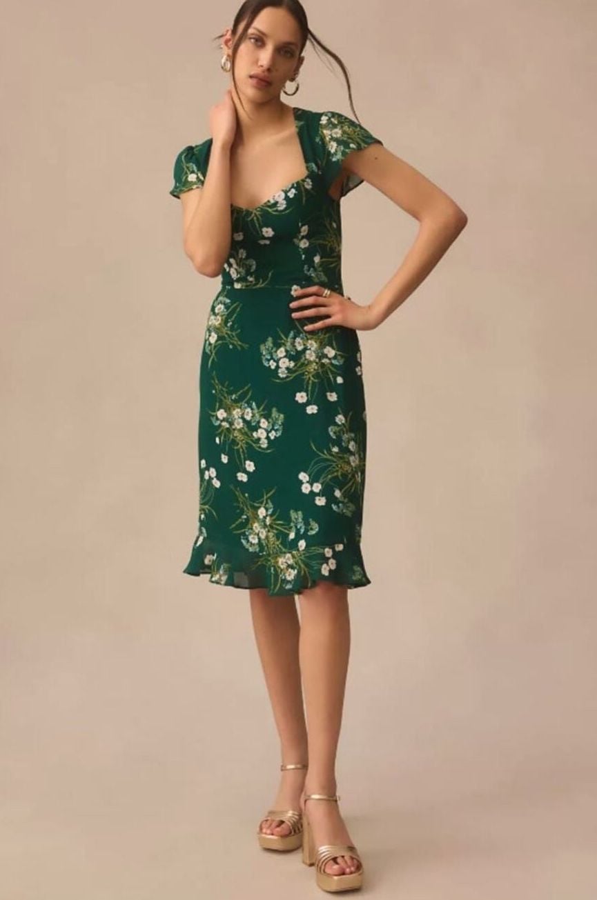 NWT Reformation Rosi Dress Size 0 Green Buena Floral Print Sweetheart NEW 2