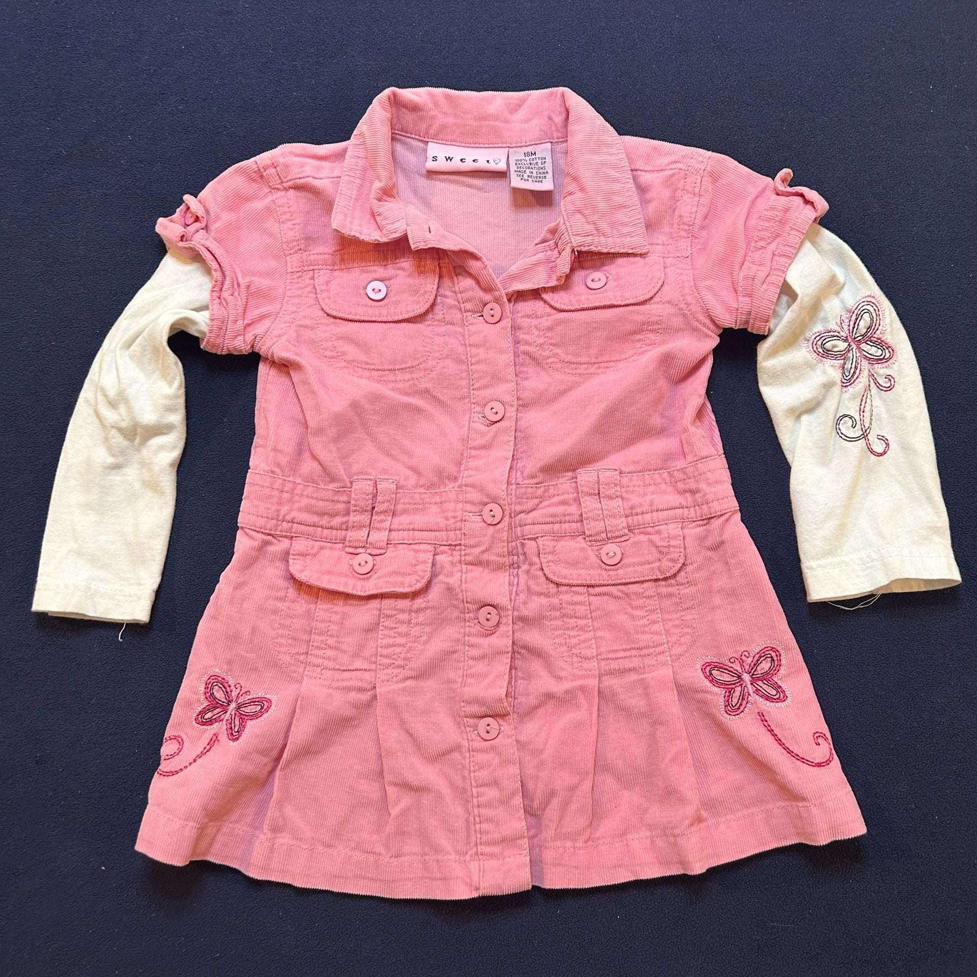 Sweet Kids Corduroy Dress Size 18M Pink Butterfly Long Sleeve Layered 2