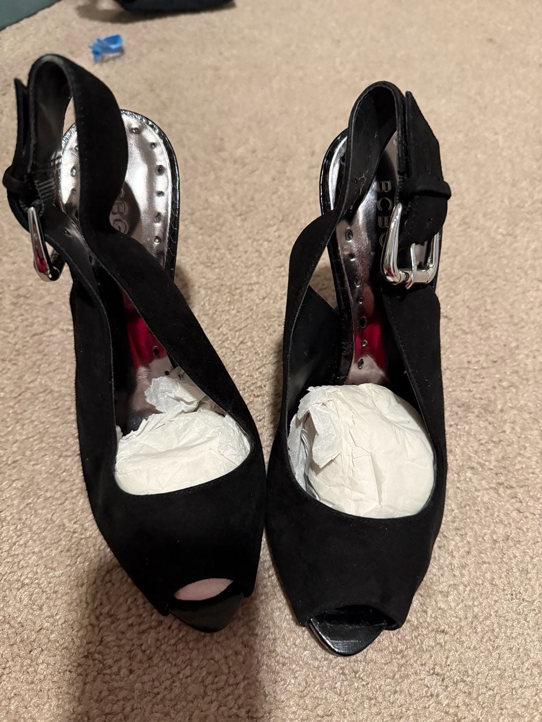 BCBGirls Fernando Heels Size 7B Black Suede Peep Toe Slingback 2