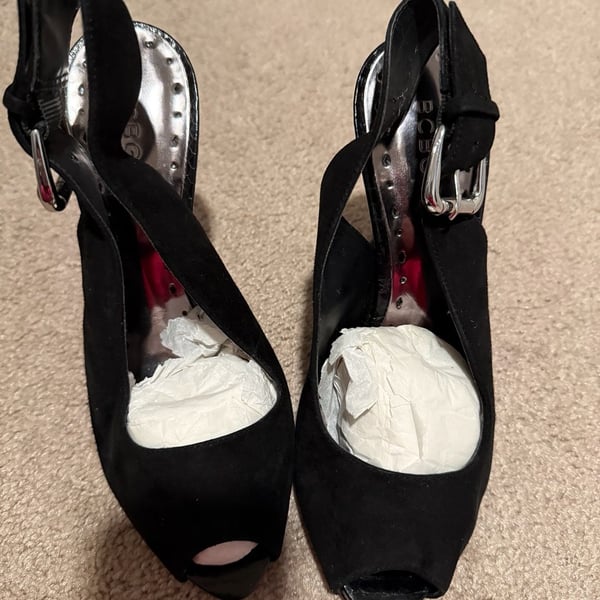 BCBGirls Fernando Heels Size 7B Black Suede Peep Toe Slingback