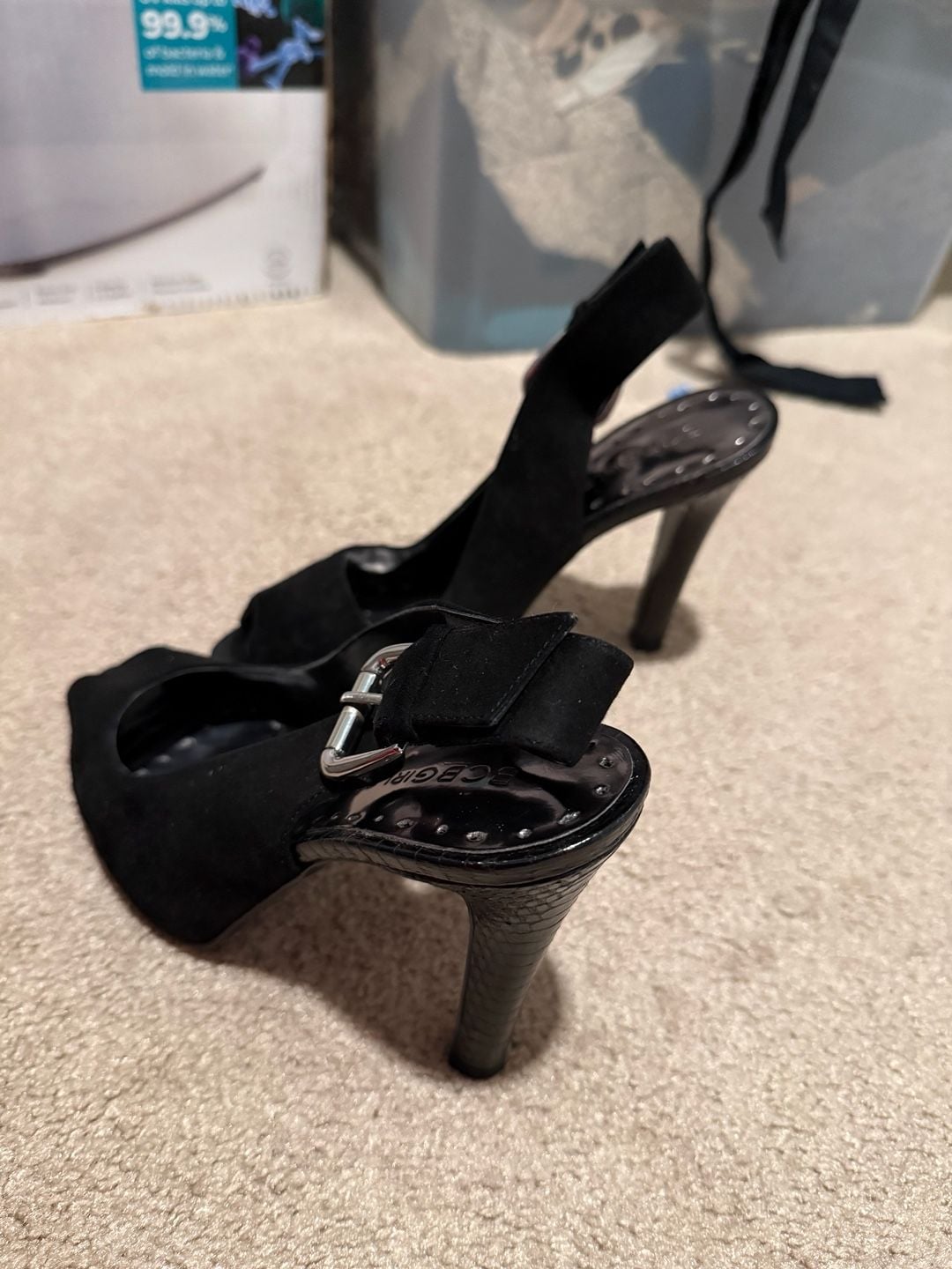 BCBGirls Fernando Heels Size 7B Black Suede Peep Toe Slingback 7