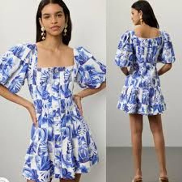 Farm Rio Blue White Floral Mini Dress Puff Sleeve Button Front XXS