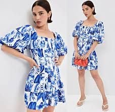 Farm Rio Blue White Floral Mini Dress Puff Sleeve Button Front XXS 7