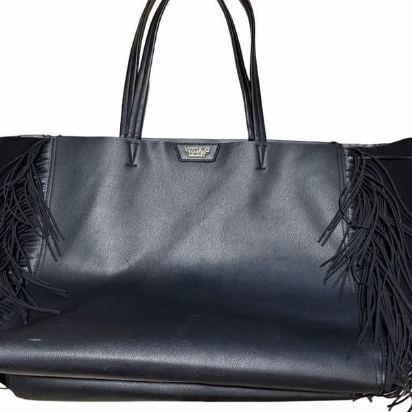Victoria's Secret Black Fringe Tote Bag Faux Leather Boho