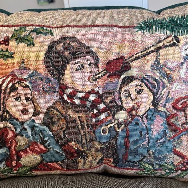 Vintage Christmas Carolers Woven Tapestry Accent Pillow Holiday
