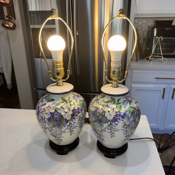 Vintage Hand Painted Purple Ceramic Floral Ginger Jar Table Lamps Pair