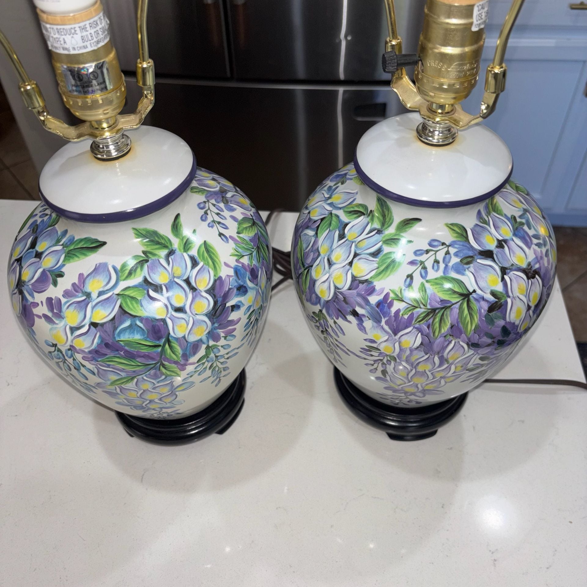 Vintage Hand Painted Purple Ceramic Floral Ginger Jar Table Lamps Pair 7