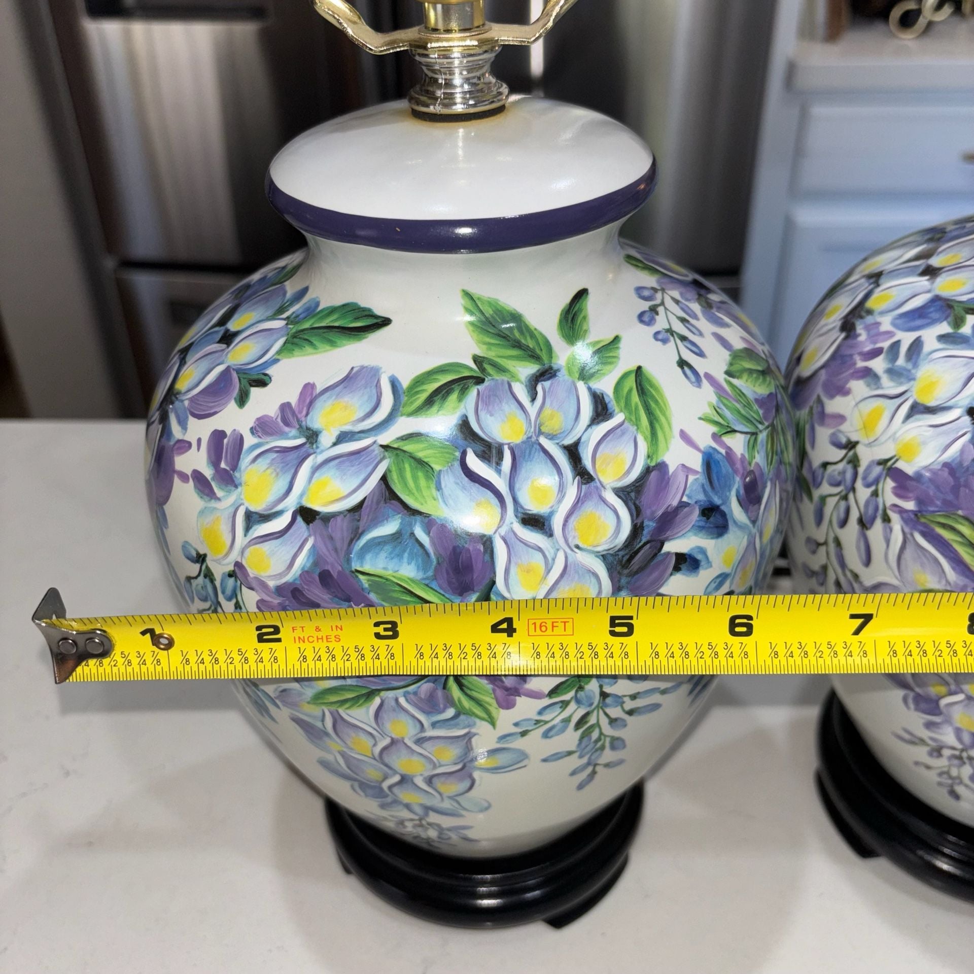 Vintage Hand Painted Purple Ceramic Floral Ginger Jar Table Lamps Pair 10