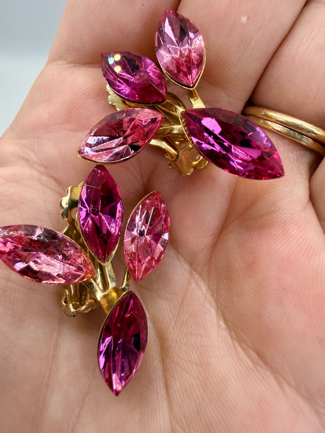 Vintage Pink Navette Rhinestone Clip On Earrings 7
