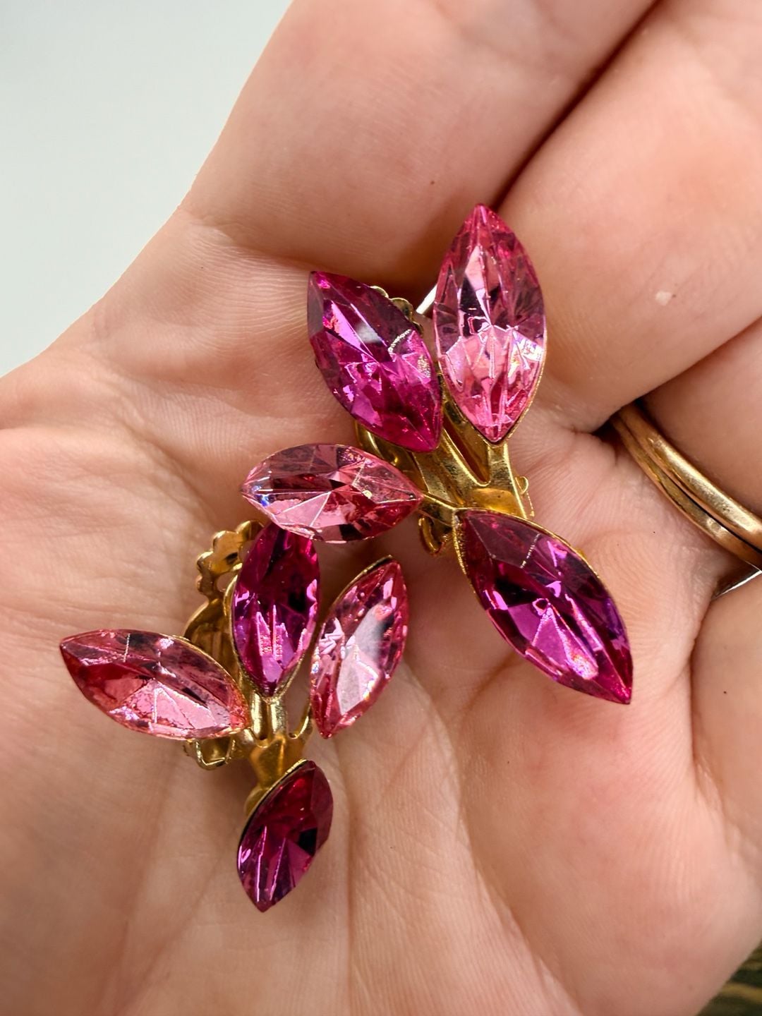 Vintage Pink Navette Rhinestone Clip On Earrings 8