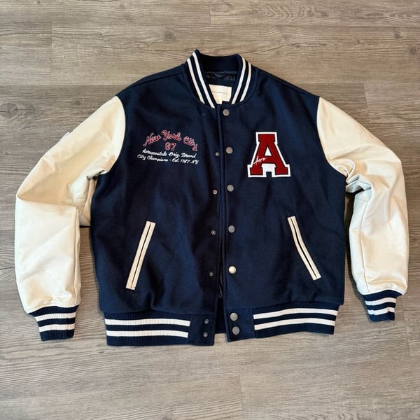 Aeropostale Varsity Jacket Size M Navy Blue White Leather Sleeves