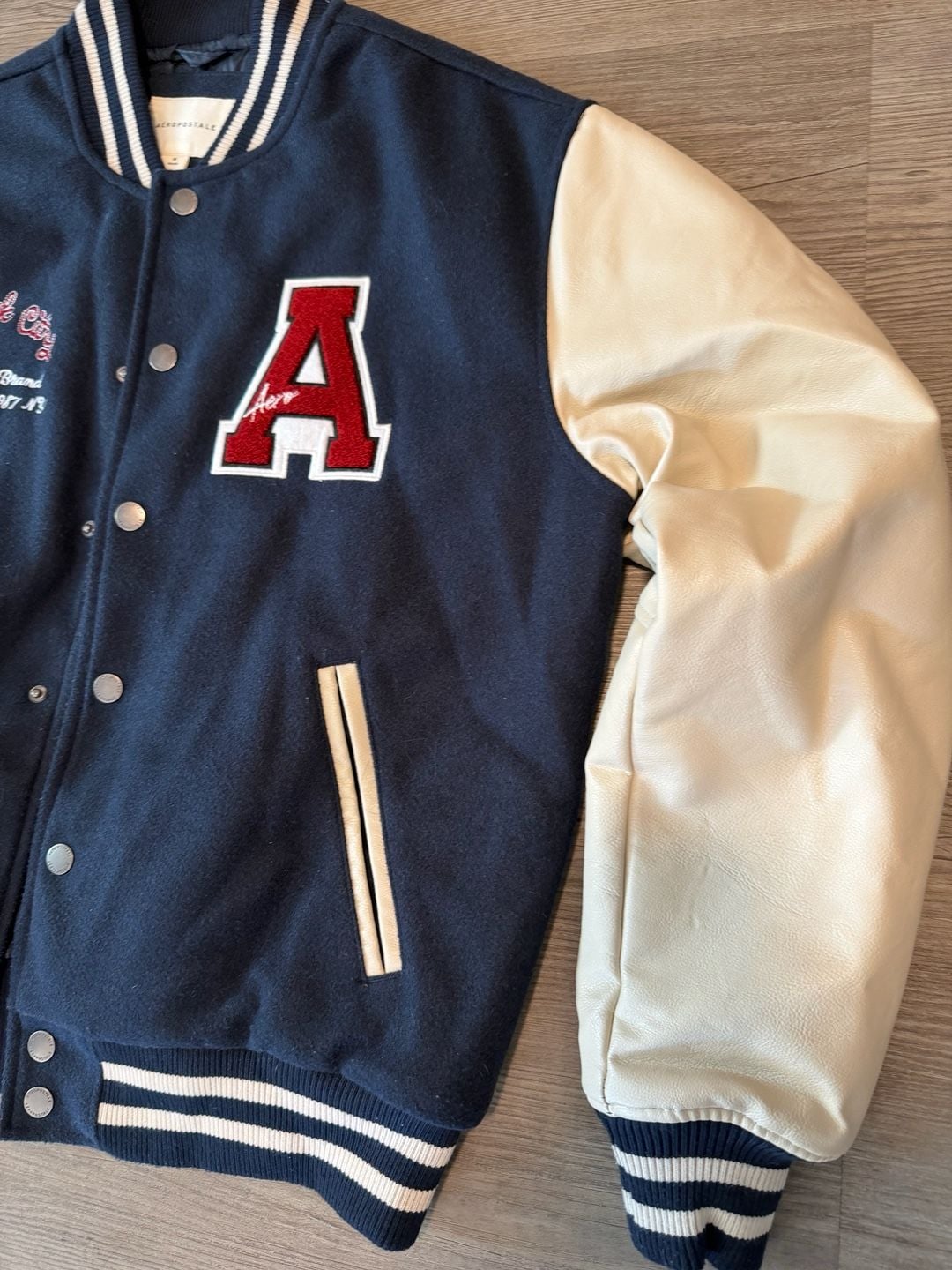 Aeropostale Varsity Jacket Size M Navy Blue White Leather Sleeves 3