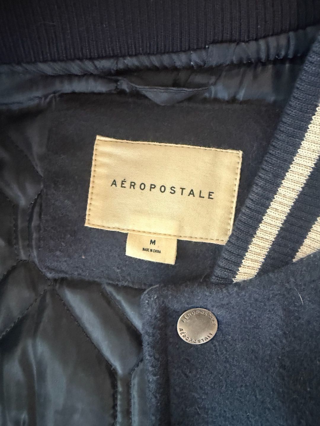 Aeropostale Varsity Jacket Size M Navy Blue White Leather Sleeves 8