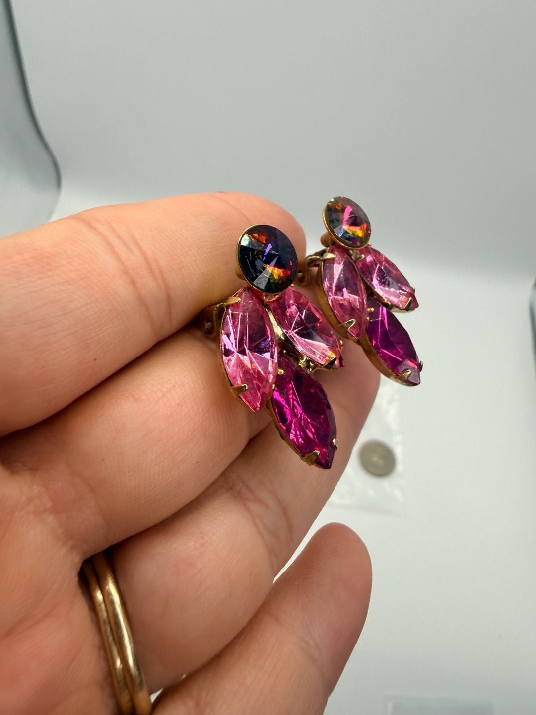 Vintage Pink Rhinestone Clip On Earrings 8