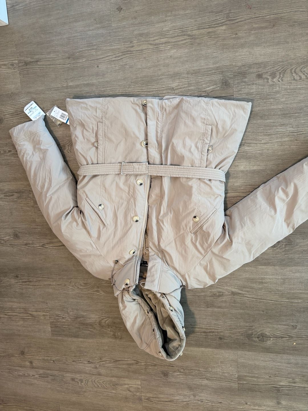 DKNY Lidia Puffer Jacket Size XL Champagne Belted Hooded Coat 1