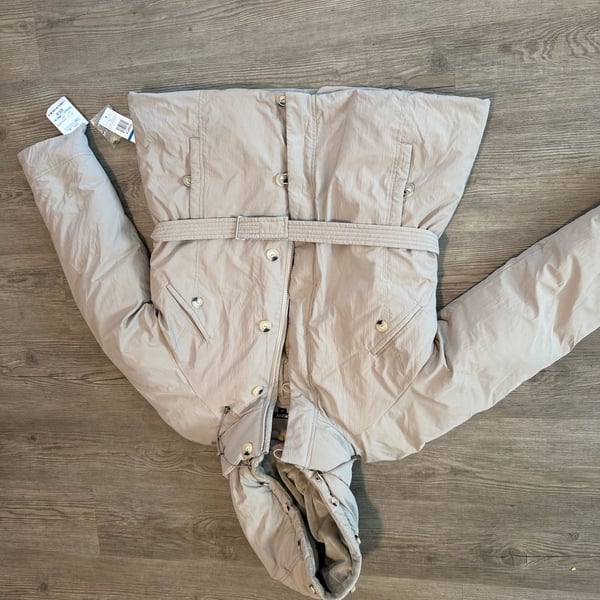 DKNY Lidia Puffer Jacket Size XL Champagne Belted Hooded Coat