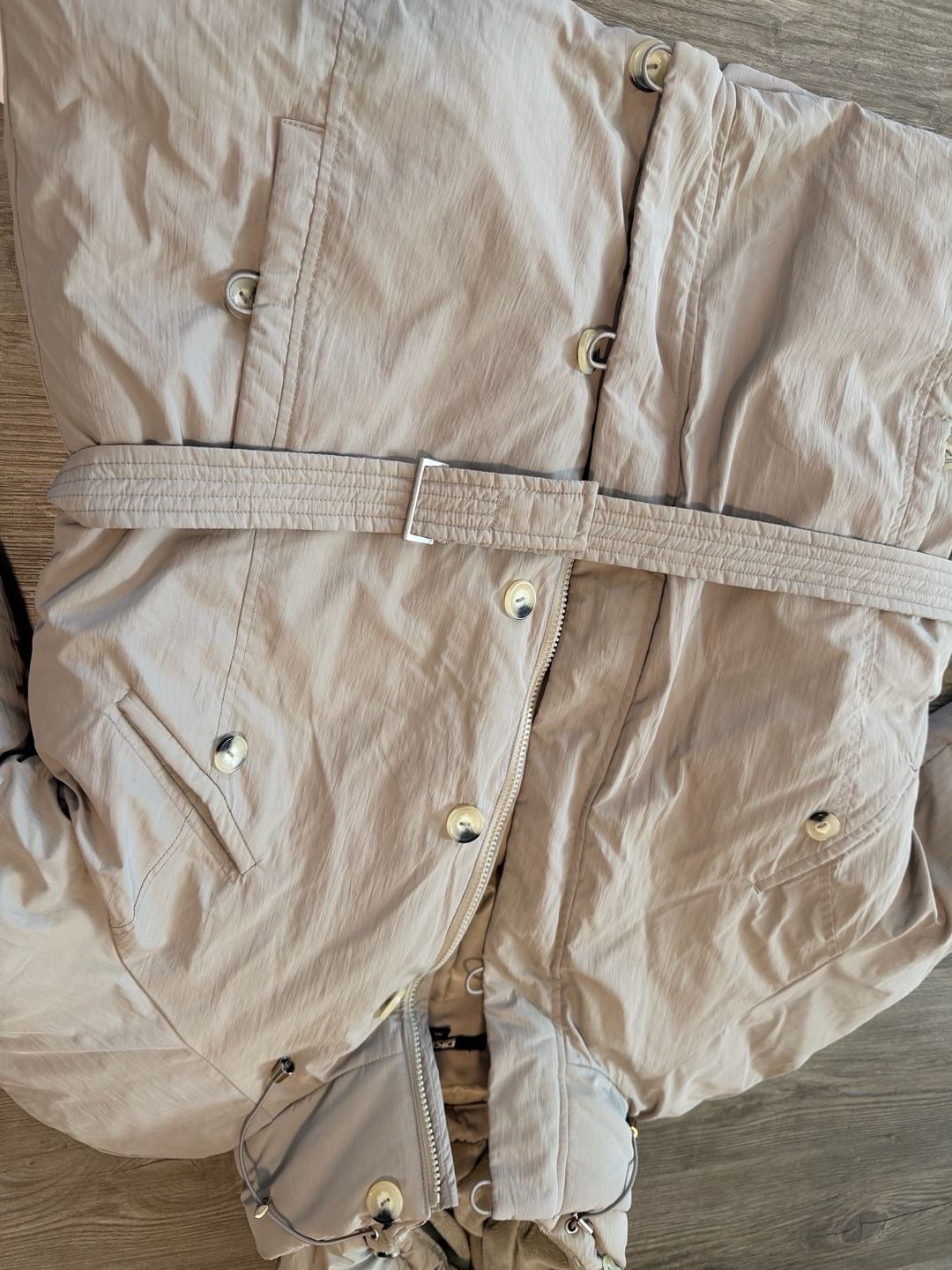 DKNY Lidia Puffer Jacket Size XL Champagne Belted Hooded Coat 2