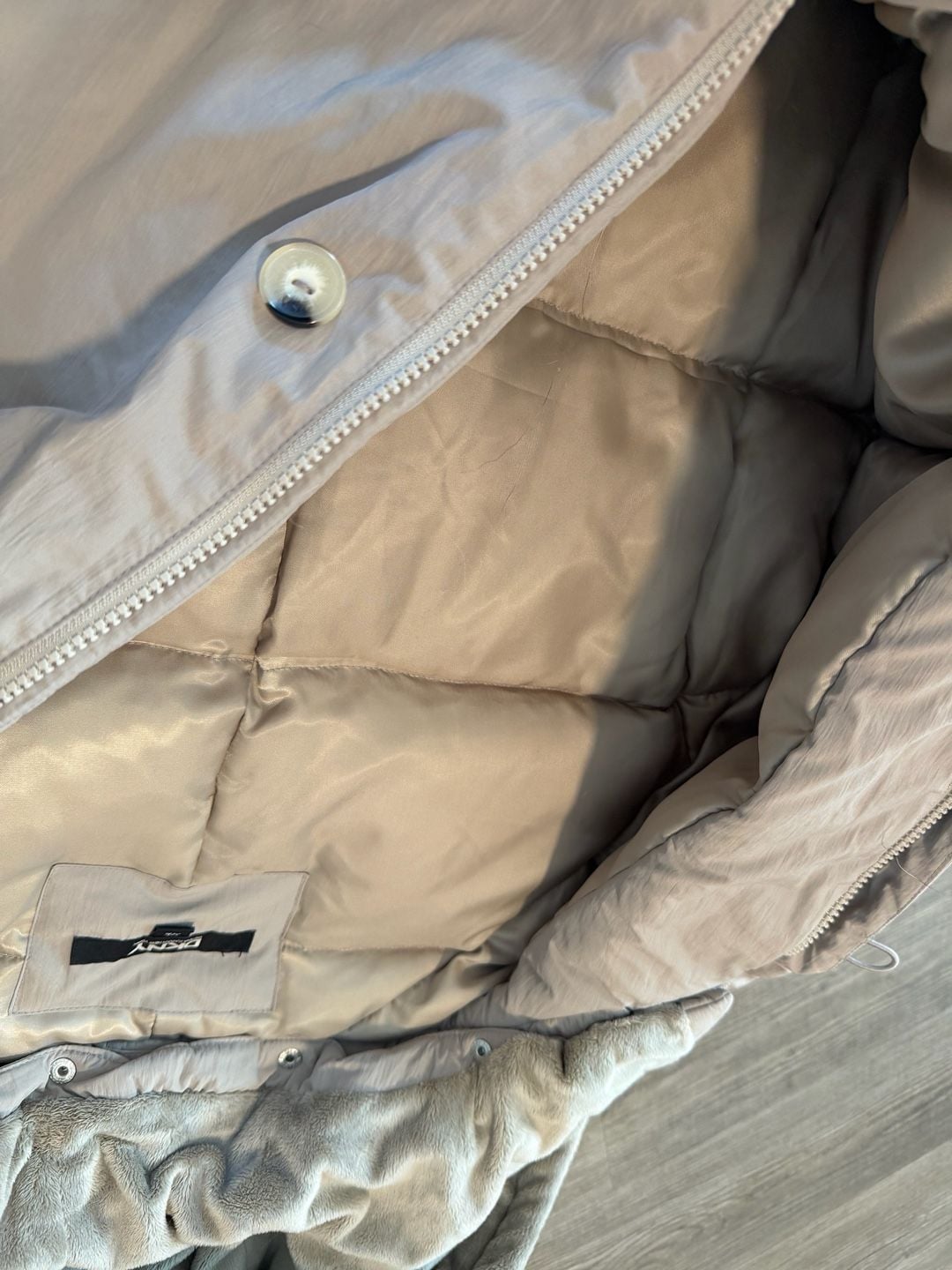 DKNY Lidia Puffer Jacket Size XL Champagne Belted Hooded Coat 6