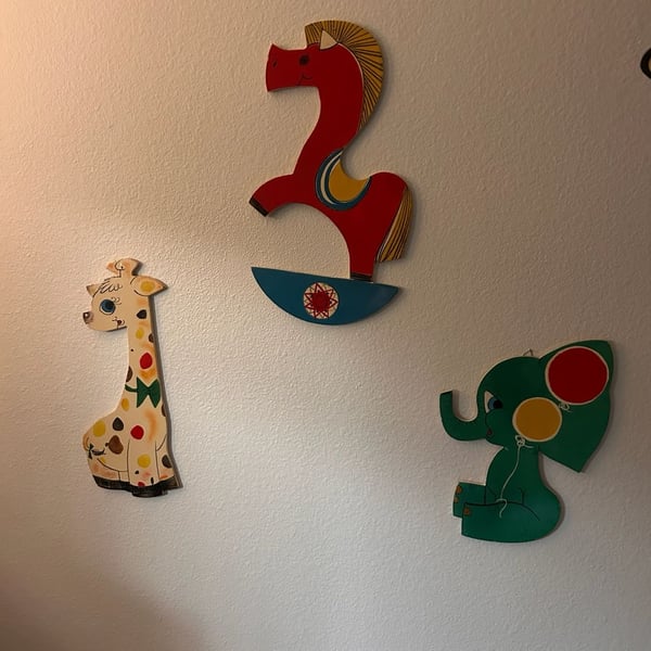 Vintage Italian Wooden Nursery Animal Wall Plaques Set of 3