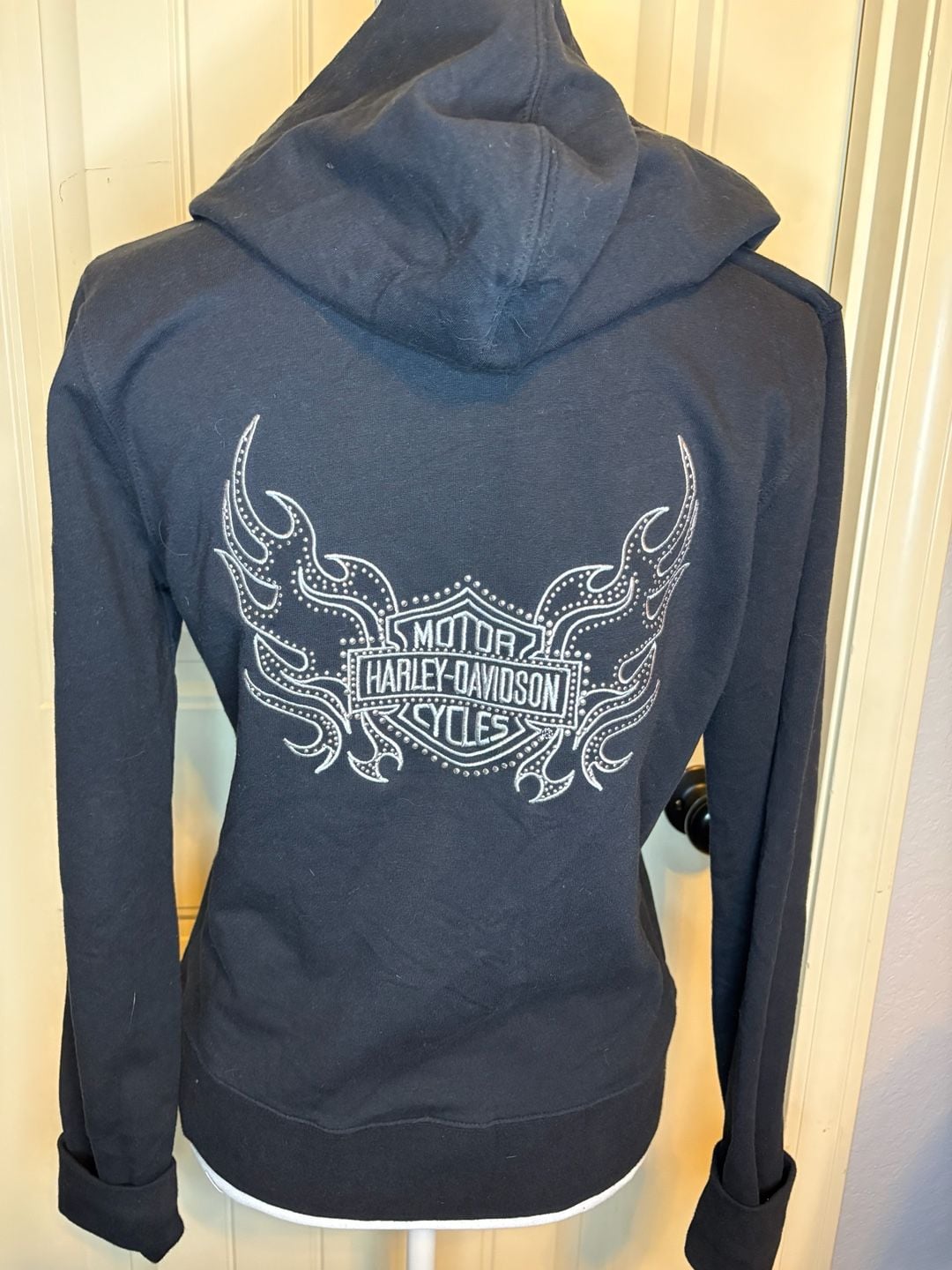 VTG Y2K Bling Harley-Davidson Zip Up Hoodie Black Rhinestone Flames Sz Med 2