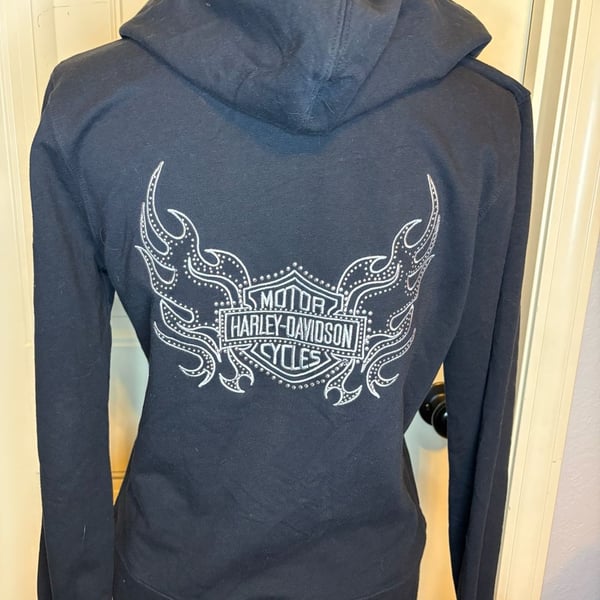 VTG Y2K Bling Harley-Davidson Zip Up Hoodie Black Rhinestone Flames Sz Med