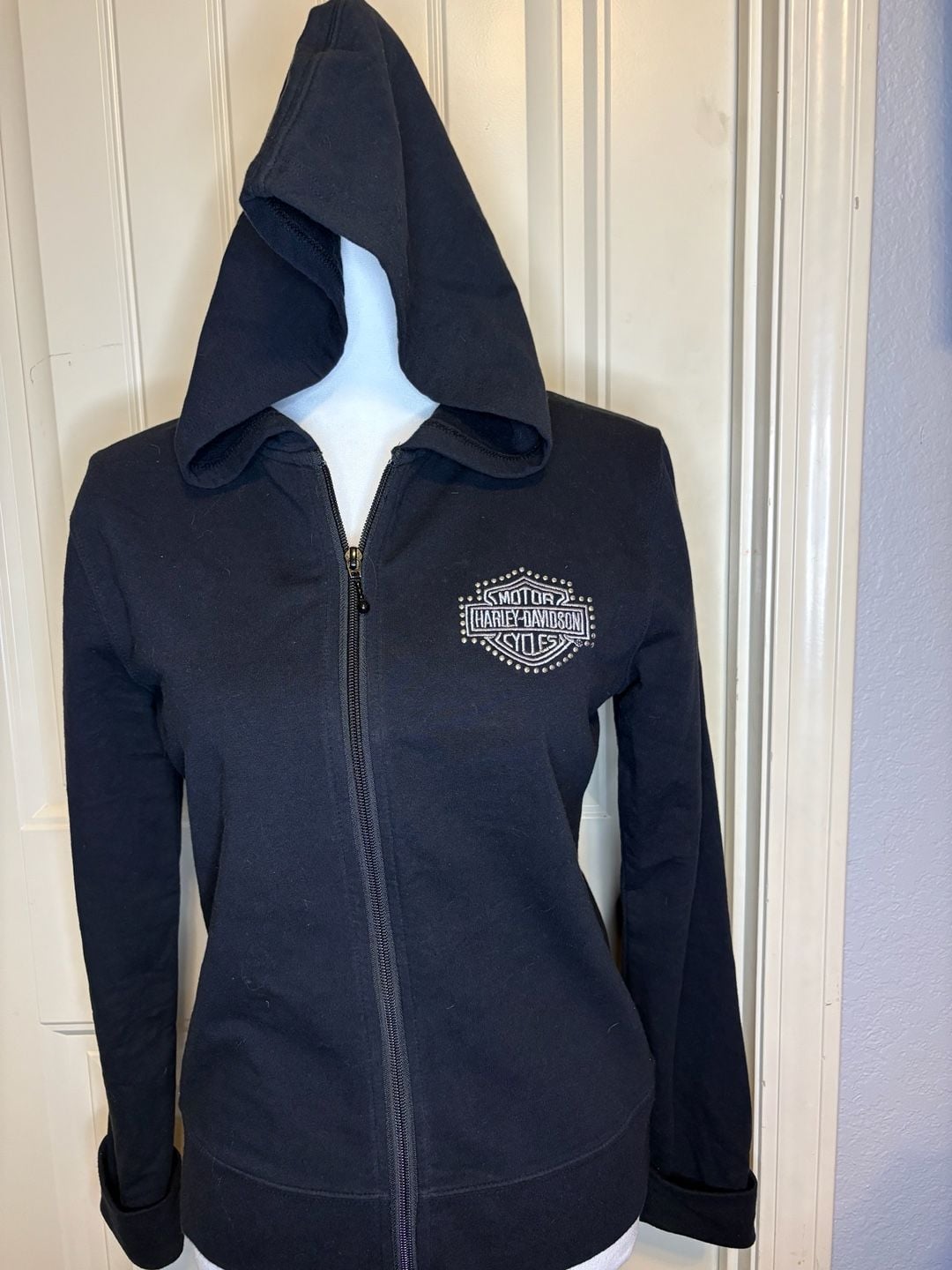 VTG Y2K Bling Harley-Davidson Zip Up Hoodie Black Rhinestone Flames Sz Med 3