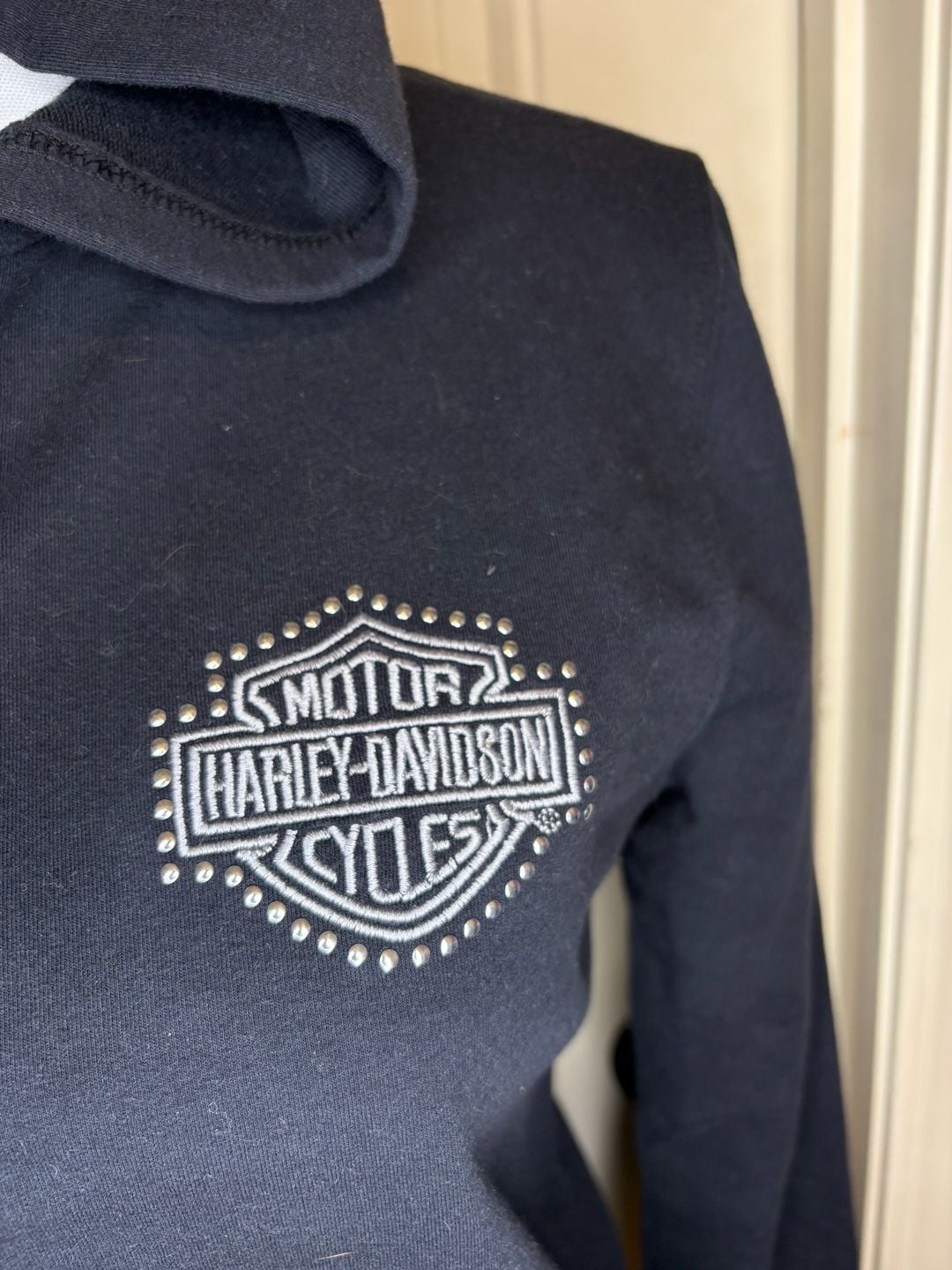 VTG Y2K Bling Harley-Davidson Zip Up Hoodie Black Rhinestone Flames Sz Med 4