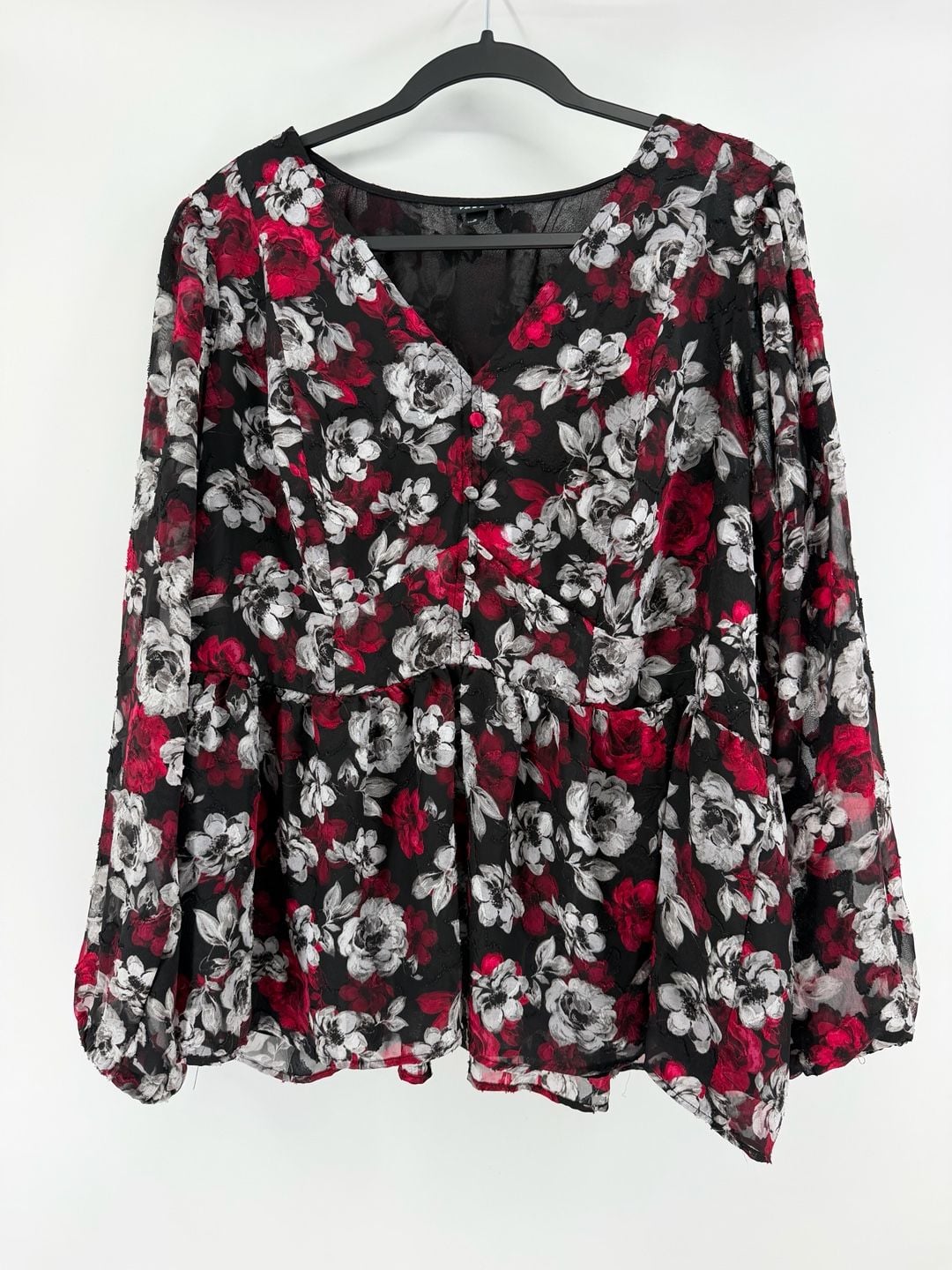 Torrid Floral Chiffon Peplum Blouse Size 2 Black Red Rose Goth Romantic 2