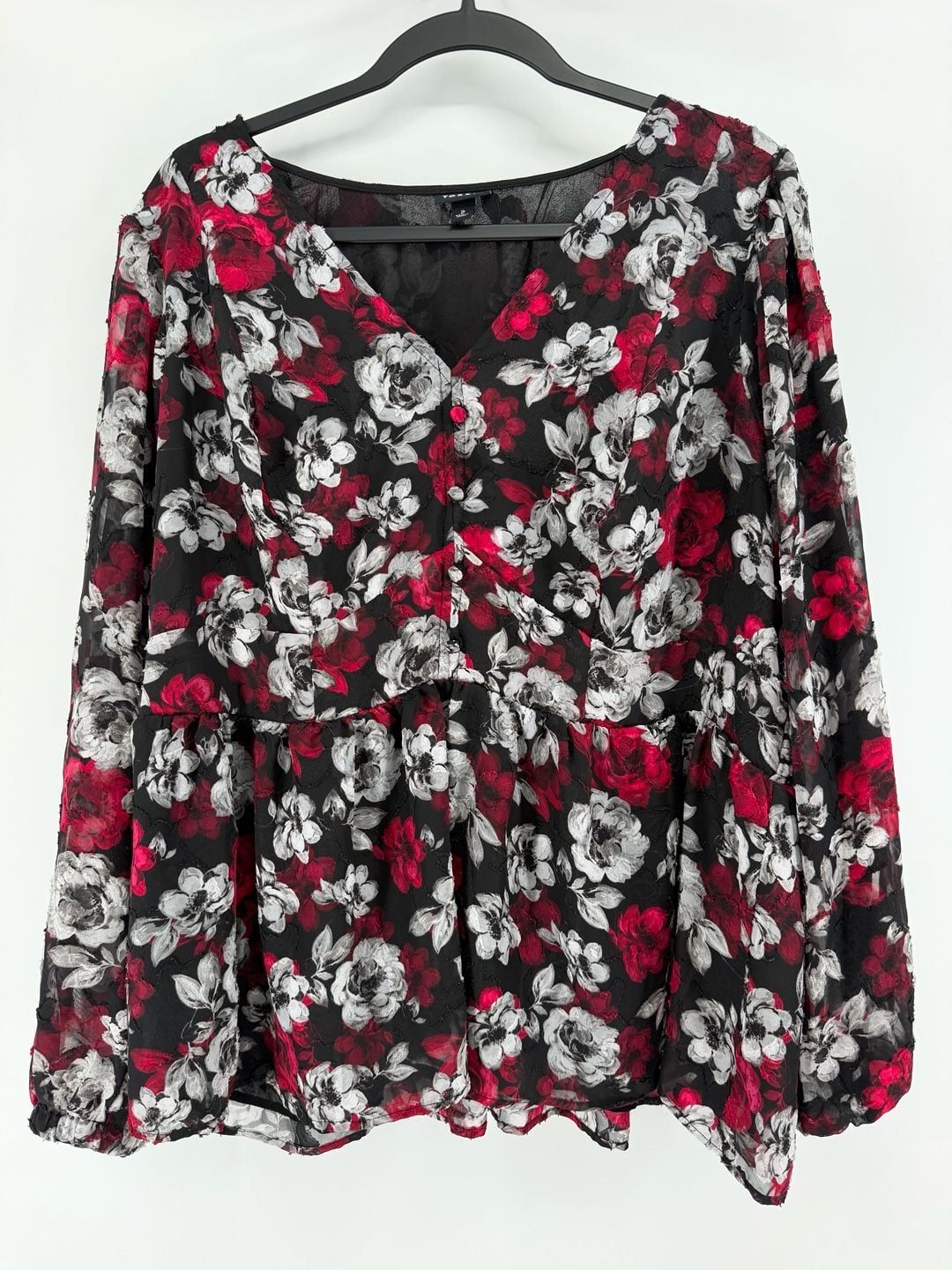 Torrid Floral Chiffon Peplum Blouse Size 2 Black Red Rose Goth Romantic 10