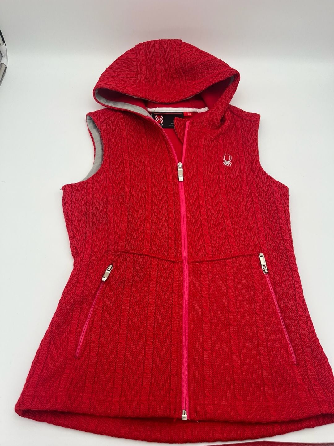 Spyder Core Sweater Hooded Vest Size S Red Cable Knit Full Zip ski apres 2