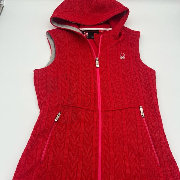 Spyder Core Sweater Hooded Vest Size S Red Cable Knit Full Zip ski apres