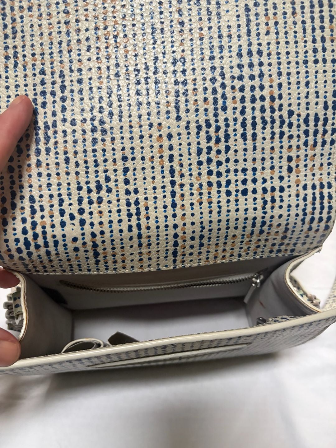 Preppy Dagne Dover Leather Crossbody Bag with Rare Seasonal Blue White Dotted Print Leather 4