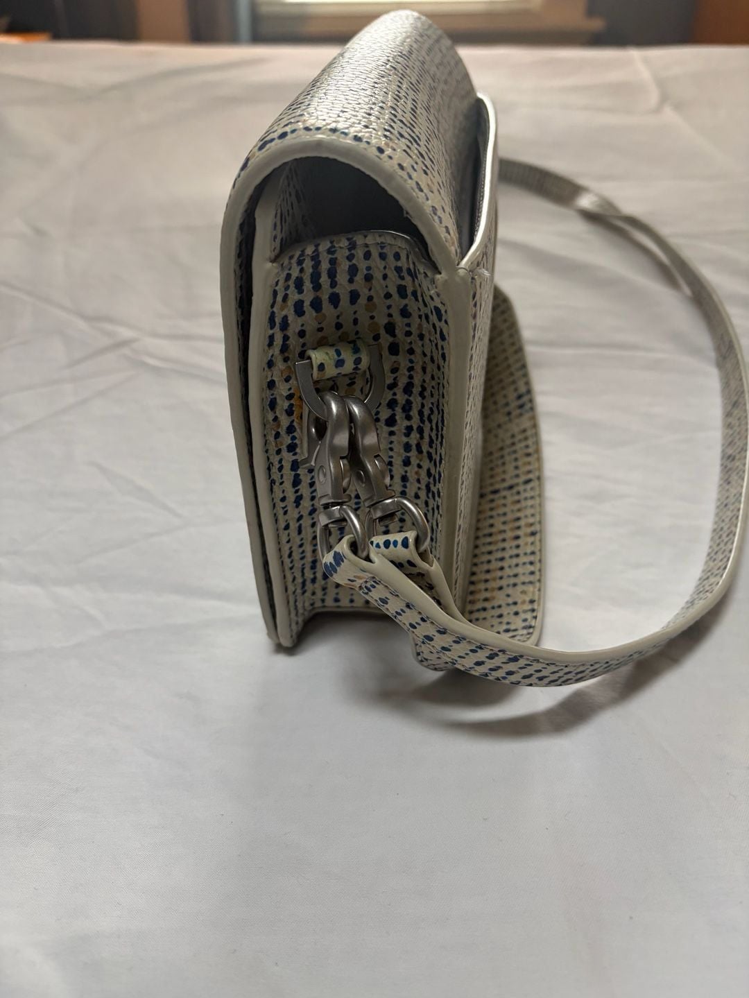 Preppy Dagne Dover Leather Crossbody Bag with Rare Seasonal Blue White Dotted Print Leather 7