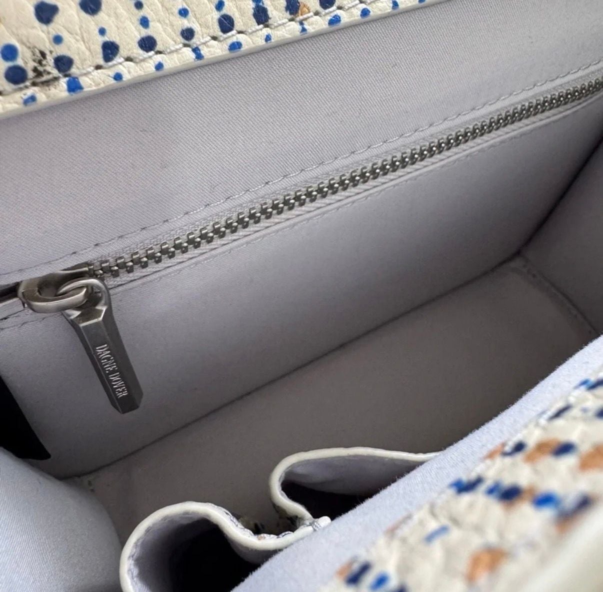 Preppy Dagne Dover Leather Crossbody Bag with Rare Seasonal Blue White Dotted Print Leather 9