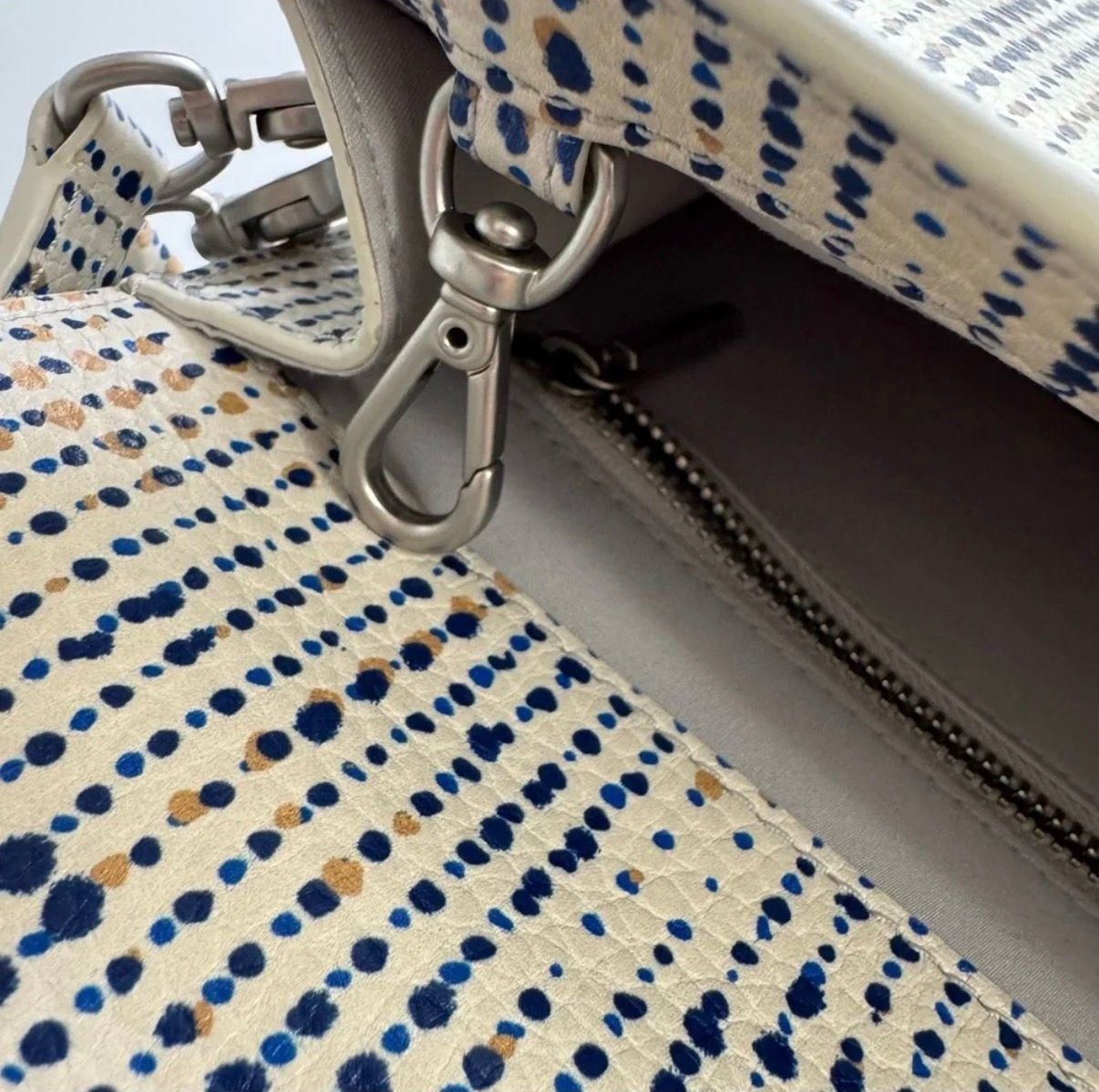 Preppy Dagne Dover Leather Crossbody Bag with Rare Seasonal Blue White Dotted Print Leather 10