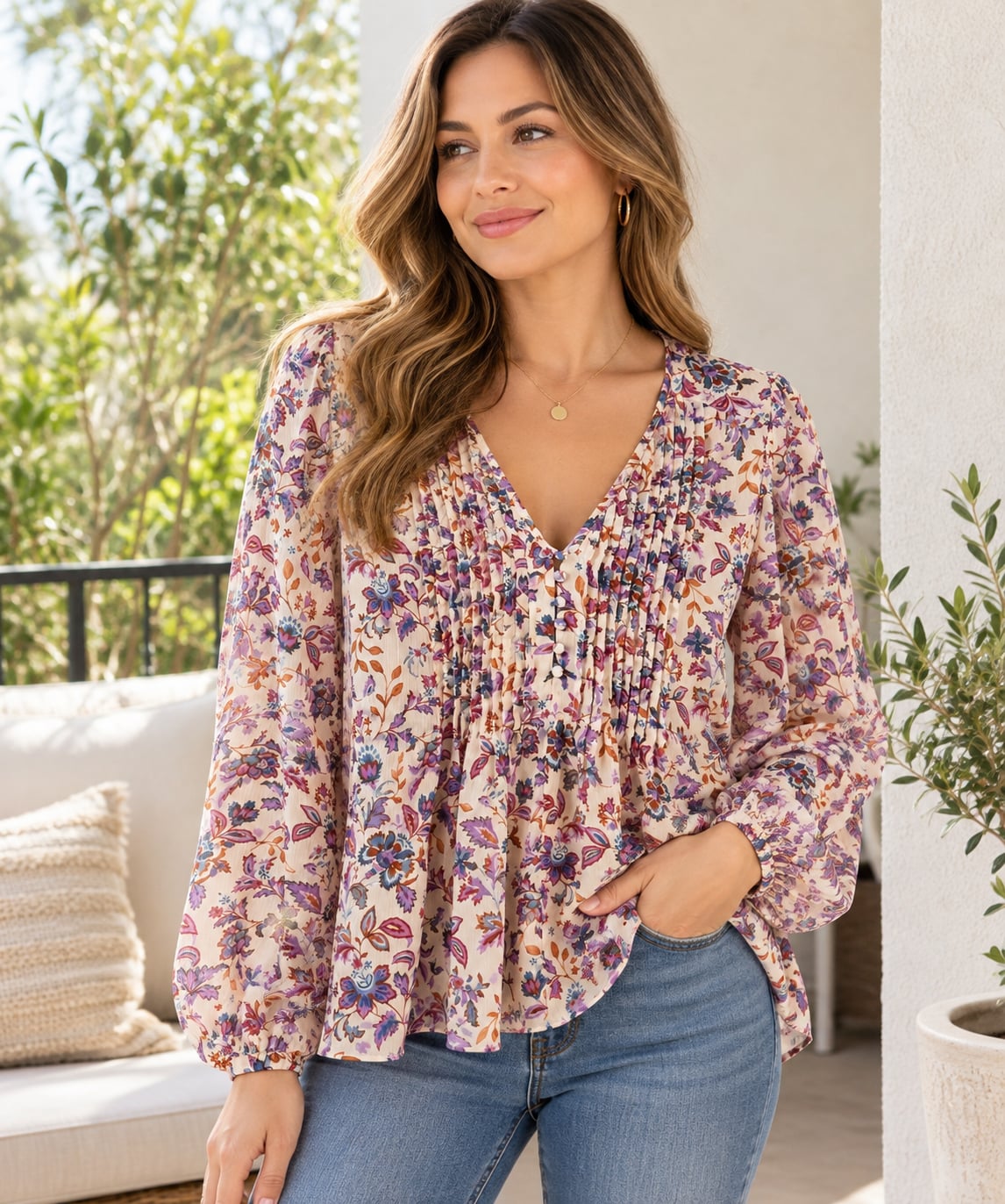 LT27 Size L 1 State Floral Pintuck V Neck Blouse Boho Peasant Top 2