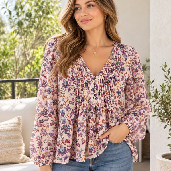 LT27 Size L 1 State Floral Pintuck V Neck Blouse Boho Peasant Top