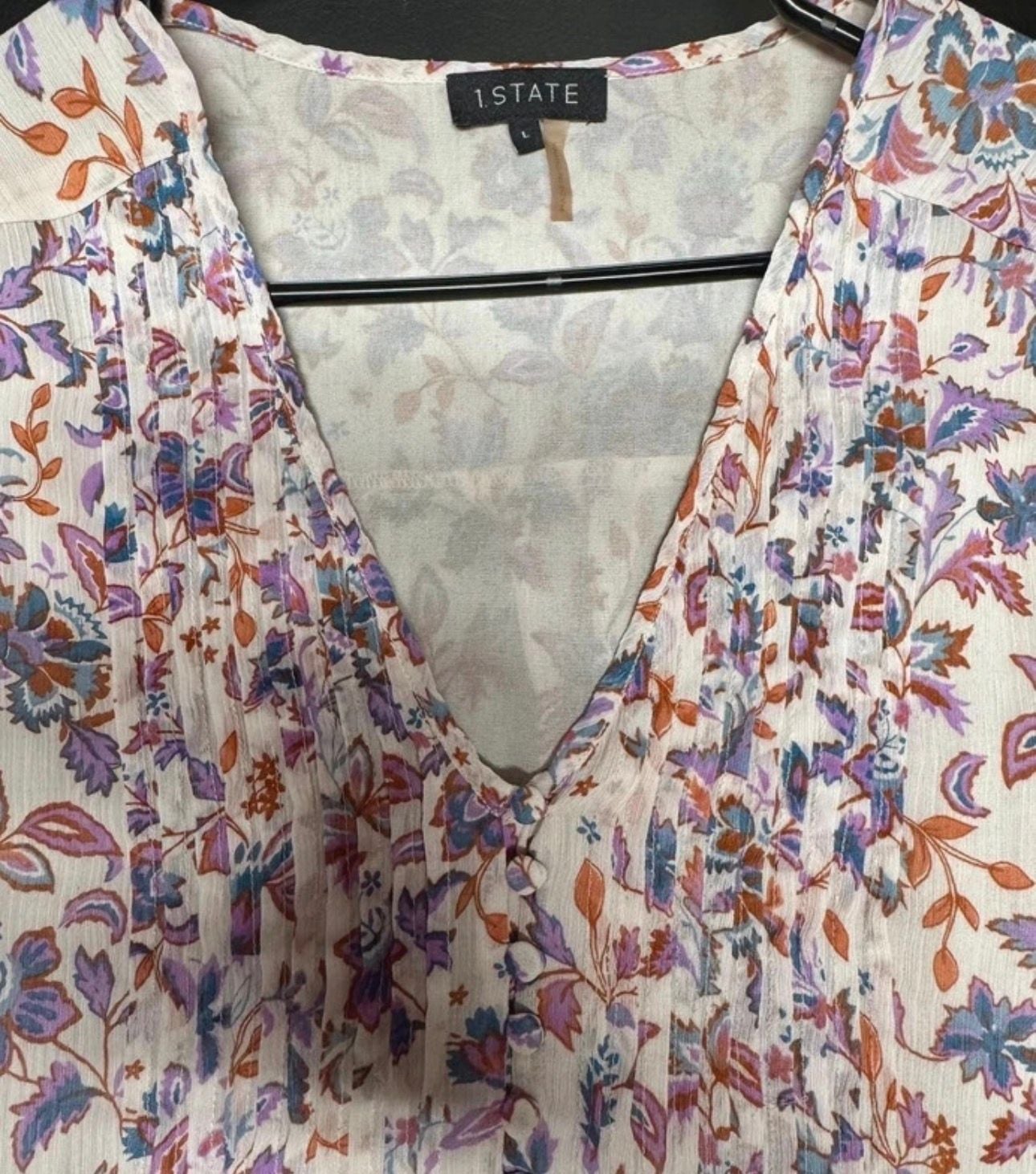 LT27 Size L 1 State Floral Pintuck V Neck Blouse Boho Peasant Top 4