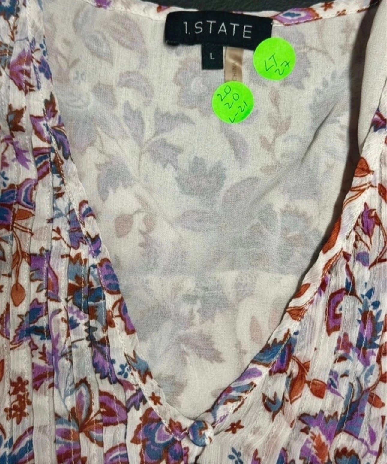 LT27 Size L 1 State Floral Pintuck V Neck Blouse Boho Peasant Top 6