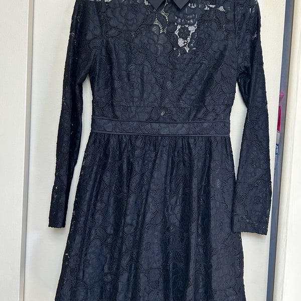 NWT Likely Fillmore Dress Size 8 Black Lace Long Sleeve Collared Mini