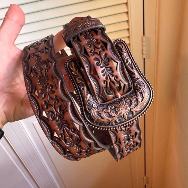 Ariat Concho Cutout Leather Belt Size L Brown Western Tooled