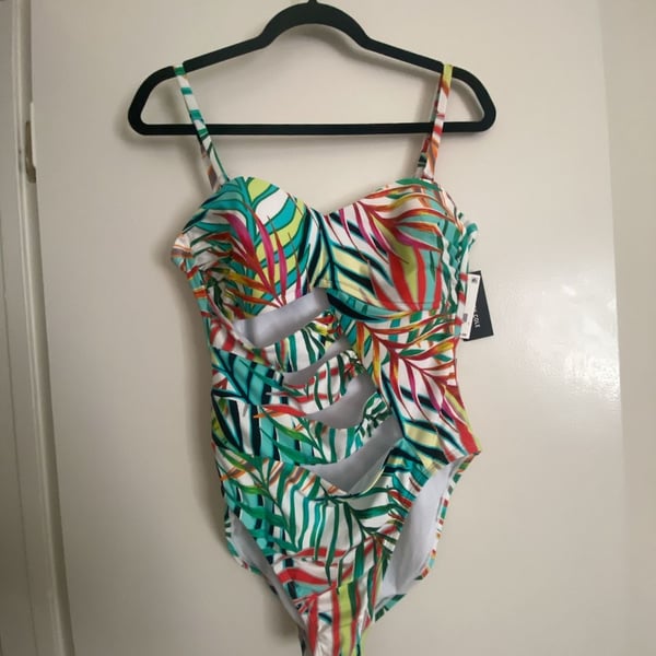 Kenneth Cole New York One Piece Swimsuit Size XL Tropical Palm Cutout