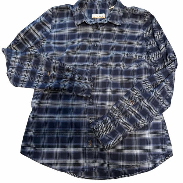 Orvis Flannel Shirt Size S Blue Plaid Long Sleeve Button