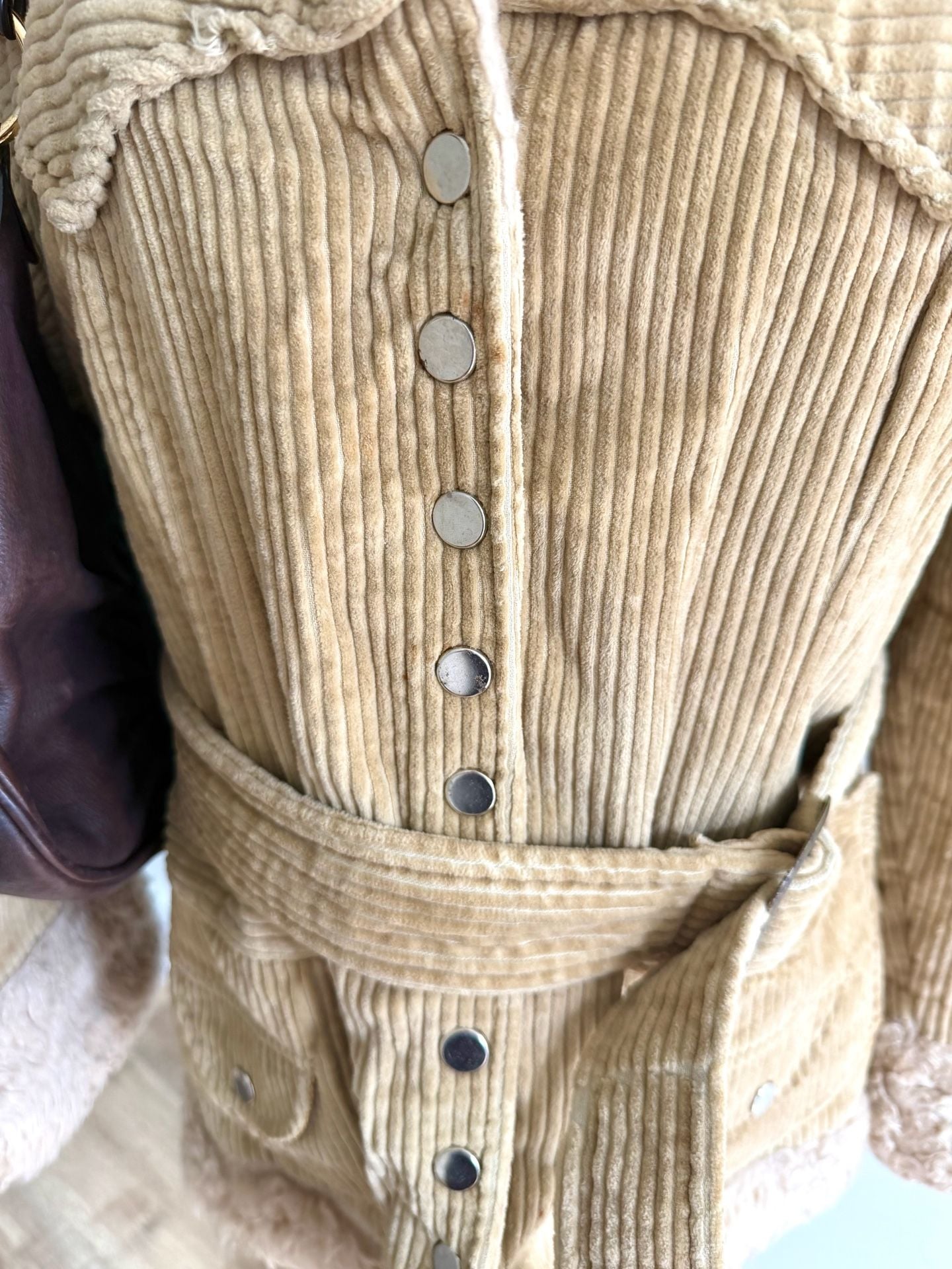 Vintage 70s Tan Corduroy Sherpa Lined Belted Jacket Coat Snap Front Japan Made 3