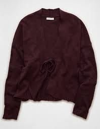 American Eagle Tie-Front Cardigan Size L Burgundy Knit Sweater 2